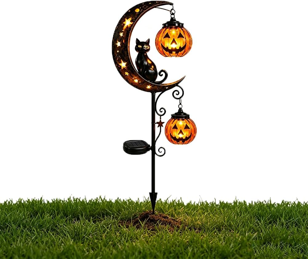Outdoor Lighting Yard Stakes - Solar Halloween Zwarte Kat Pompoen Maan
